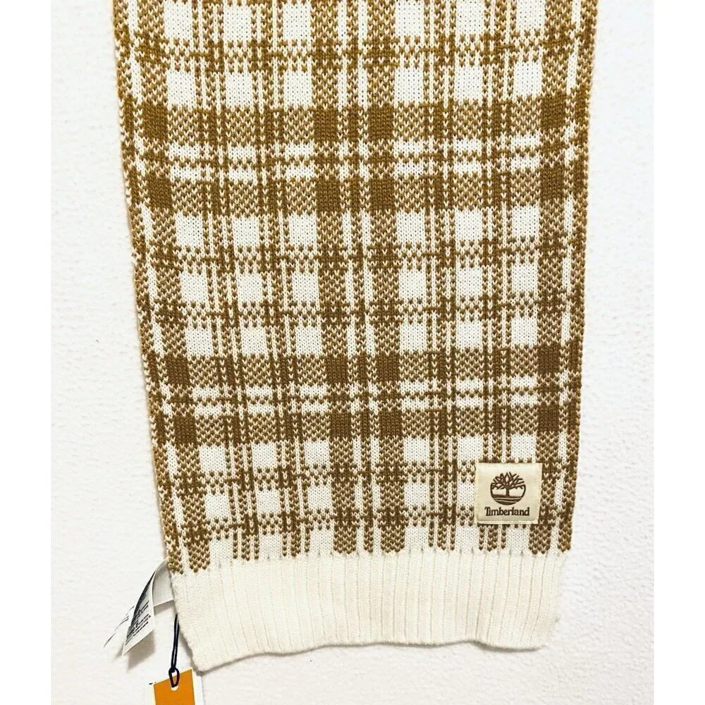 Timberland Scarf Womens One Size Camel Tan Ivory Buffalo Plaid Ribbed Hem Cozy